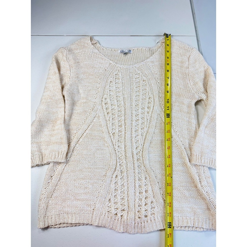 Avalin Cream Pointelle Knit Sweater 3/4 Sleeve Scoop Neck Small - Picture 2 of 8